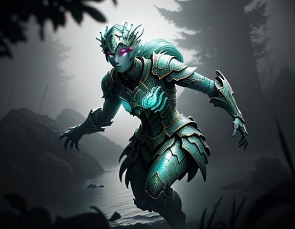 Female Amphibioid in Misty Environment, 3D Render