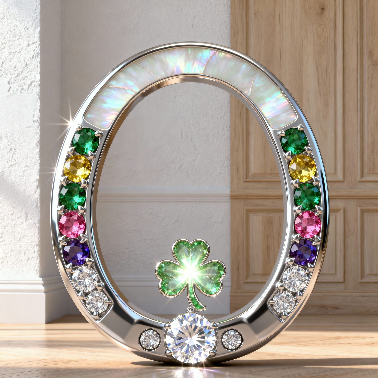 Opulent Gold Horseshoe with Emeralds, Diamonds & Mother-of-P...
