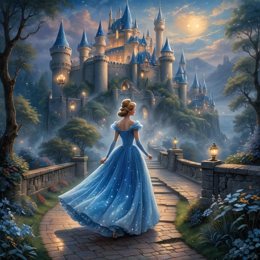 Cinderella's Luminescent Gown: A Fantasy Castle Beckons