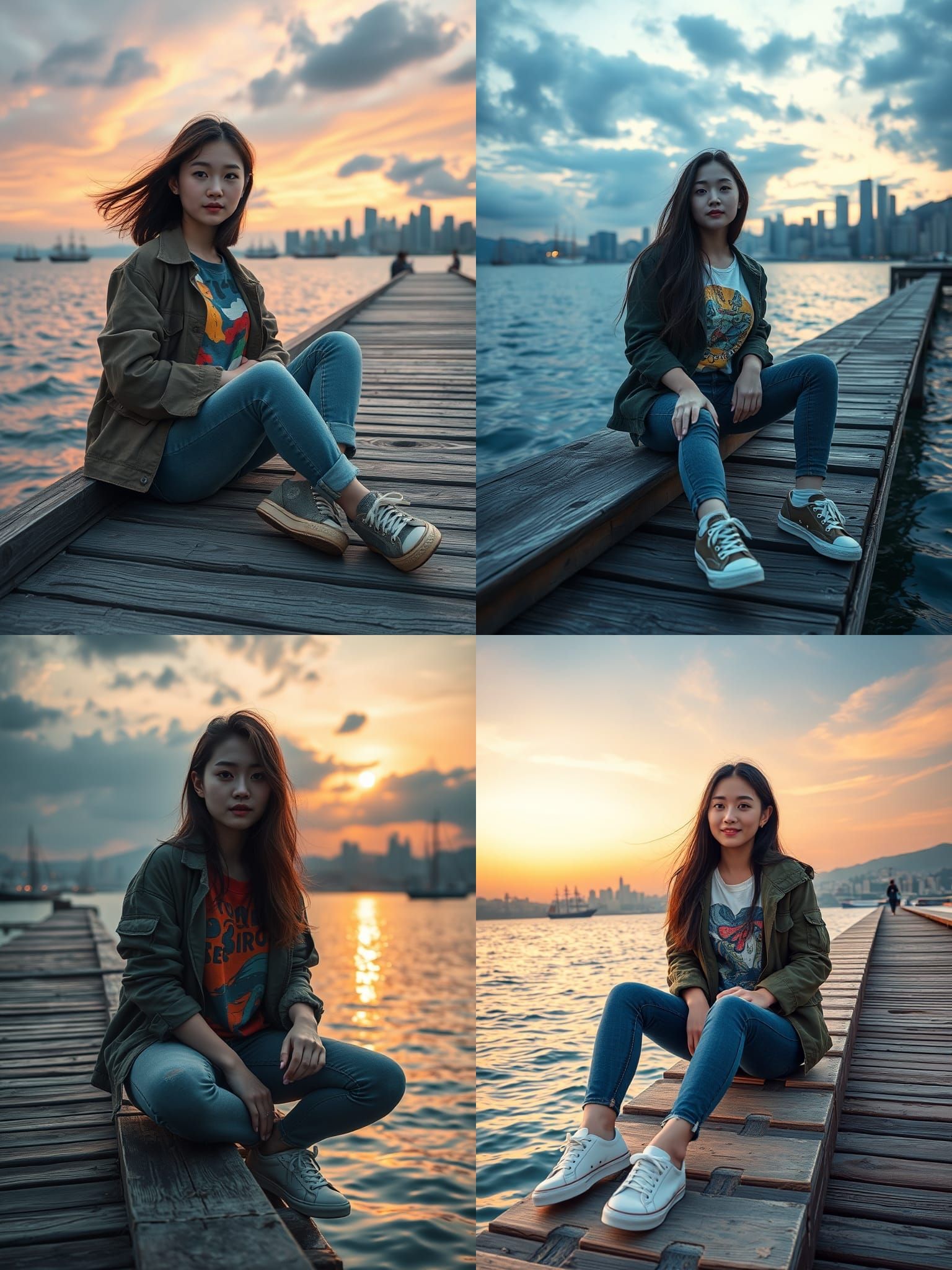 Korean Woman on Pier at Dusk, Cinematic Angle