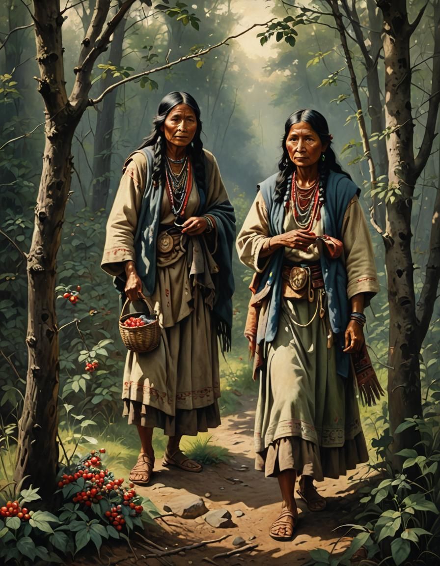 Native American Women Gathering Berries, Oil Painting