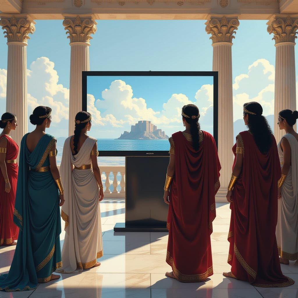 Olympian Gods Gaze at Television Screen, Digital Art