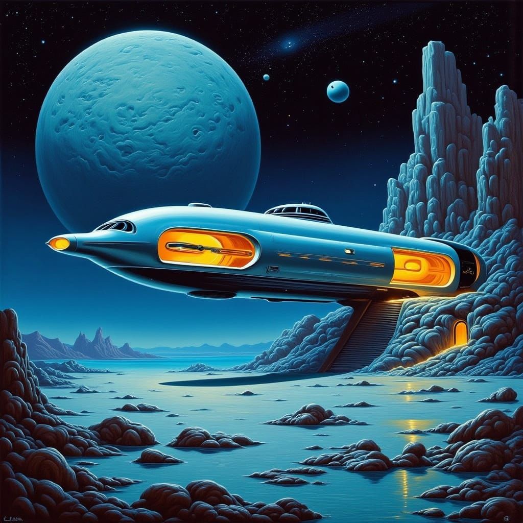 Retro Futuristic Space Station Amidst a Cratered Alien Moon