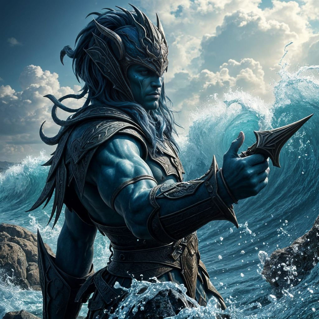 Spectral Triton Warrior in Dark Armor, Coastal Landscape