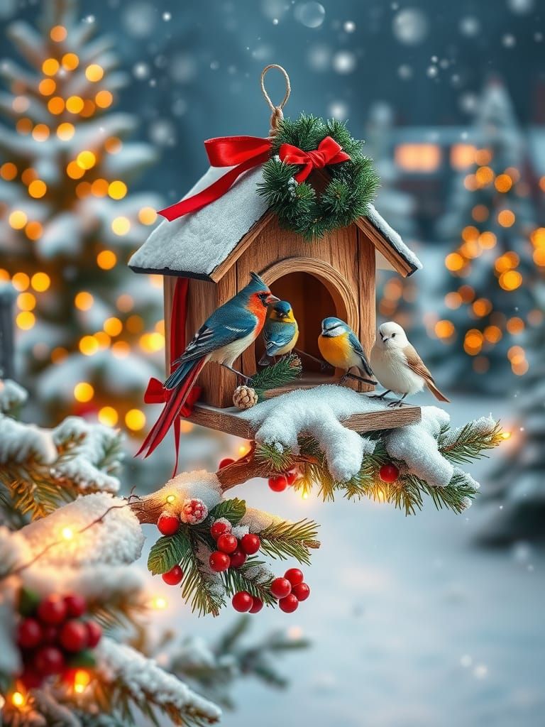 Cozy Winter Birdhouse with Colorful Birds and Fairy Lights