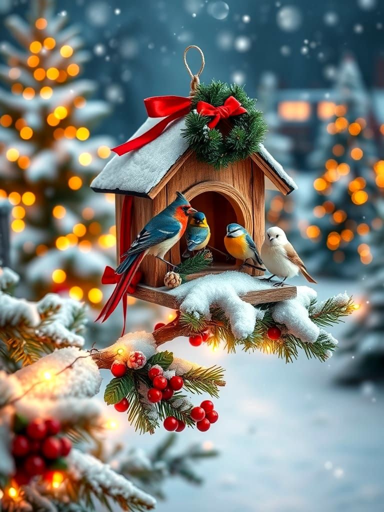 Cozy Winter Birdhouse with Colorful Birds and Fairy Lights