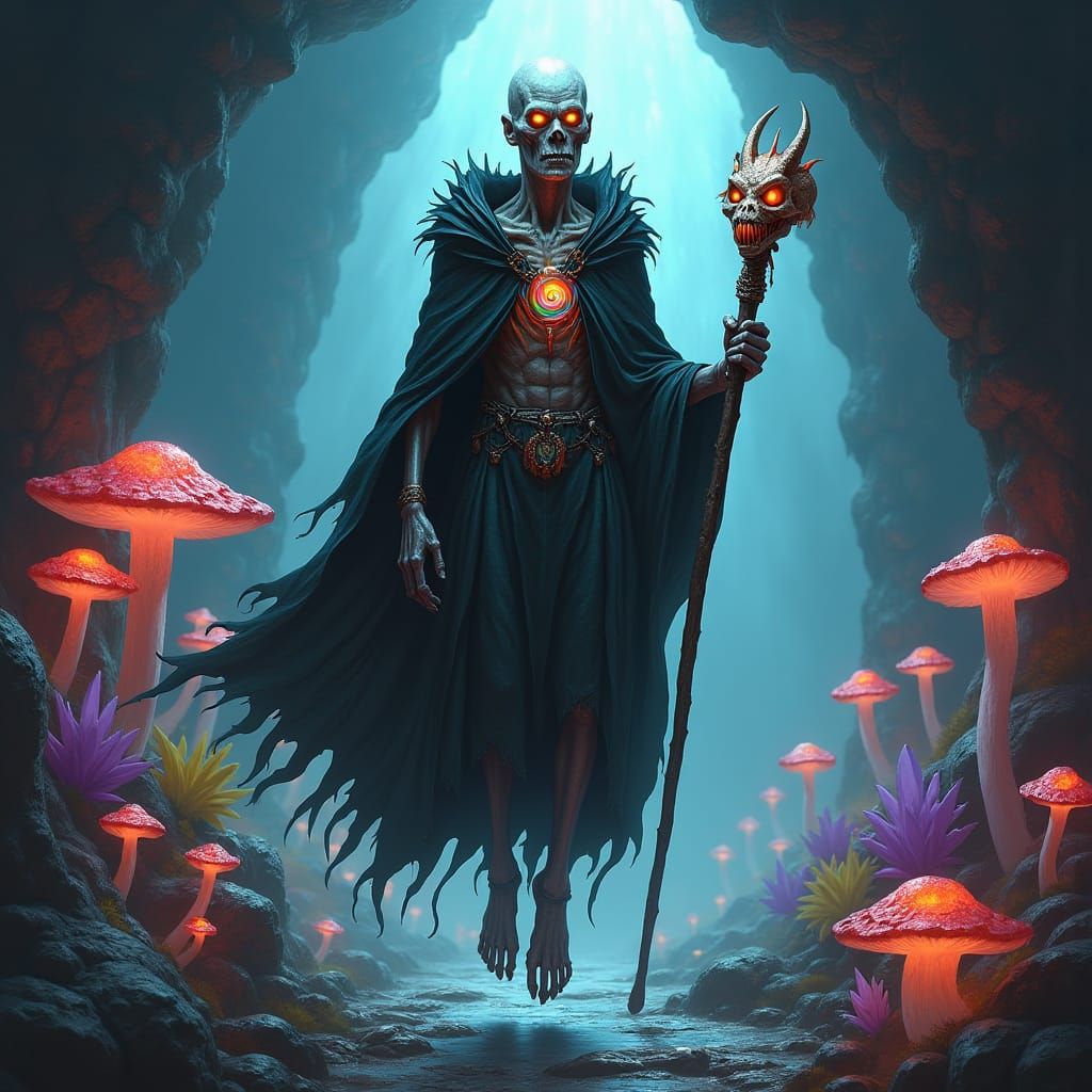 A Drow male LICH; his skin is tight against his bones, rotti...