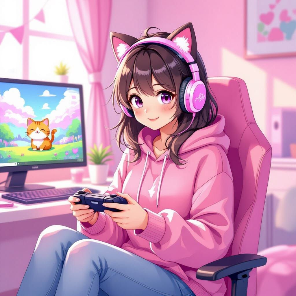 Cute Gamer Girl with Pink Kitty Headphones