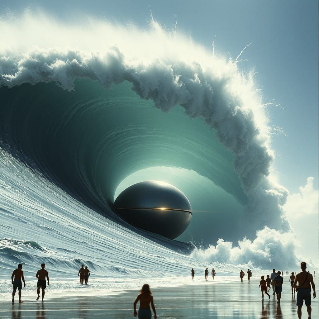 Epic Surfing Scene: Alien Spaceship Descends Amidst Turbulen...