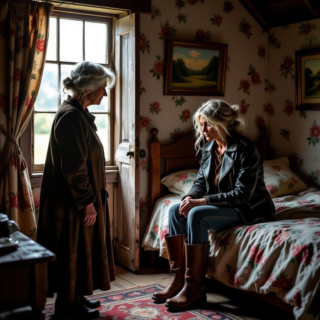 Farmhouse Bedroom Scene with Huntress, Intimate Storytelling