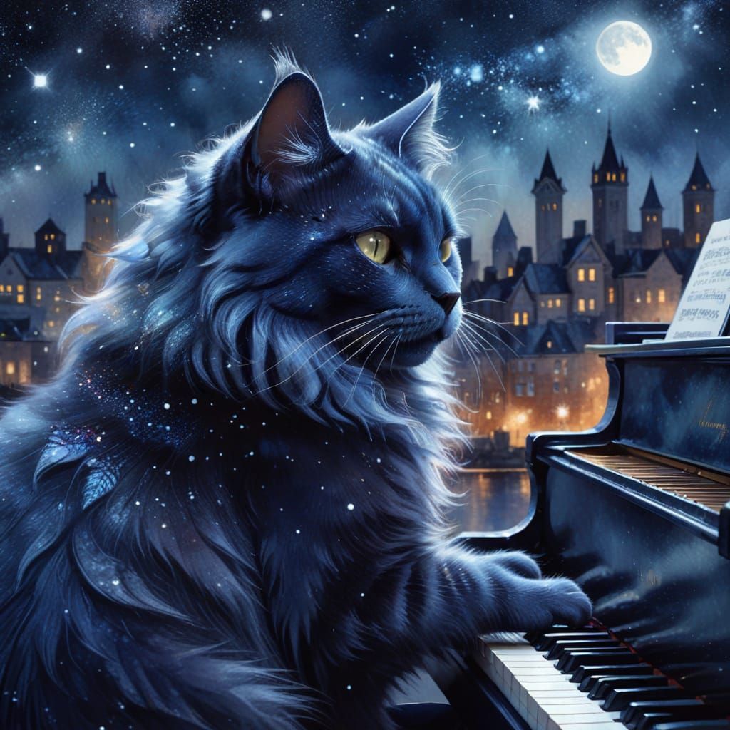 Blue Cat Plays Piano: Surreal Watercolor Dream