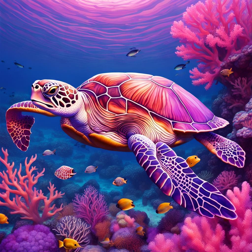 Purple Sea Turtle in a Pink Coral Reef