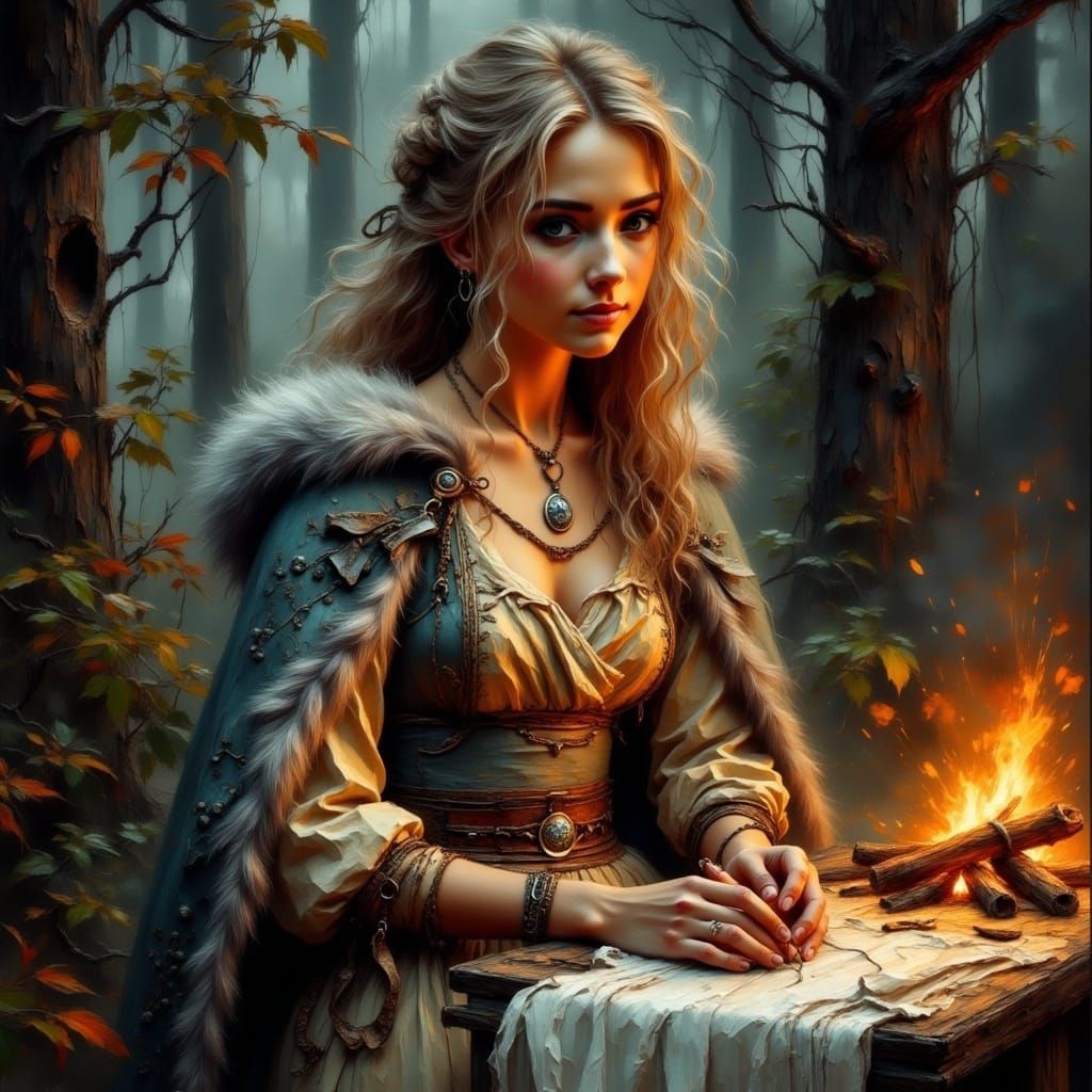 Fantasy Seamstress in 80's Style with Golden Hair and Earthy...