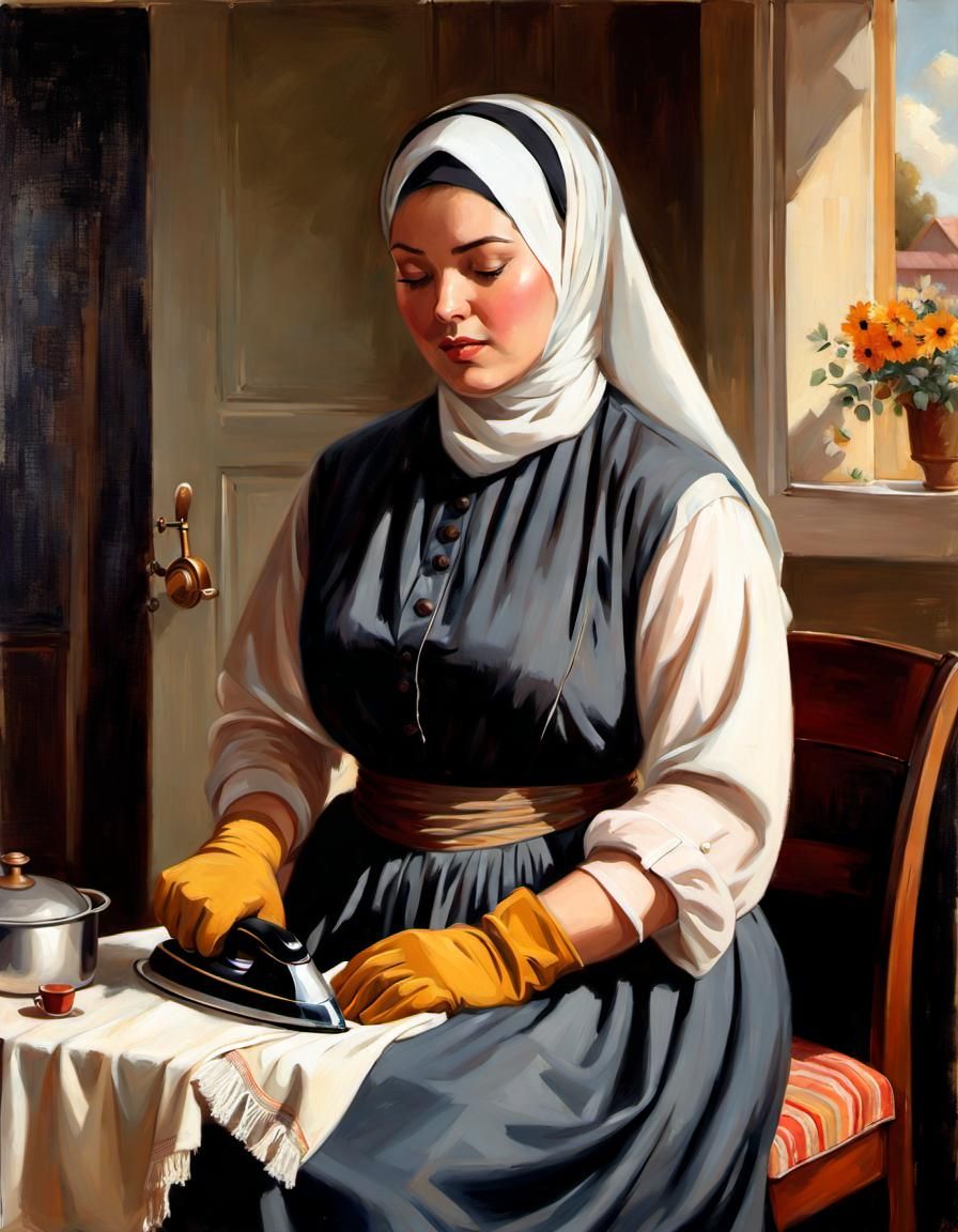 German Girl Ironing, Classical Portrait