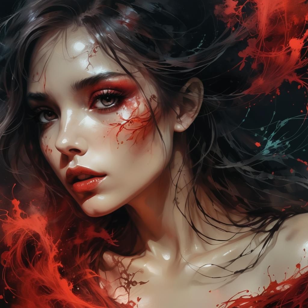 Cute Girl in Red Mist: Dark Fantasy Art
