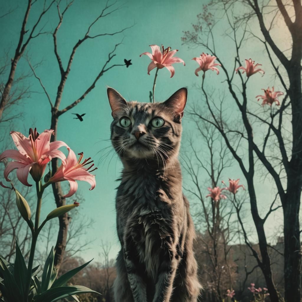 Bird with Lily in Dreamlike Cinematic Scene