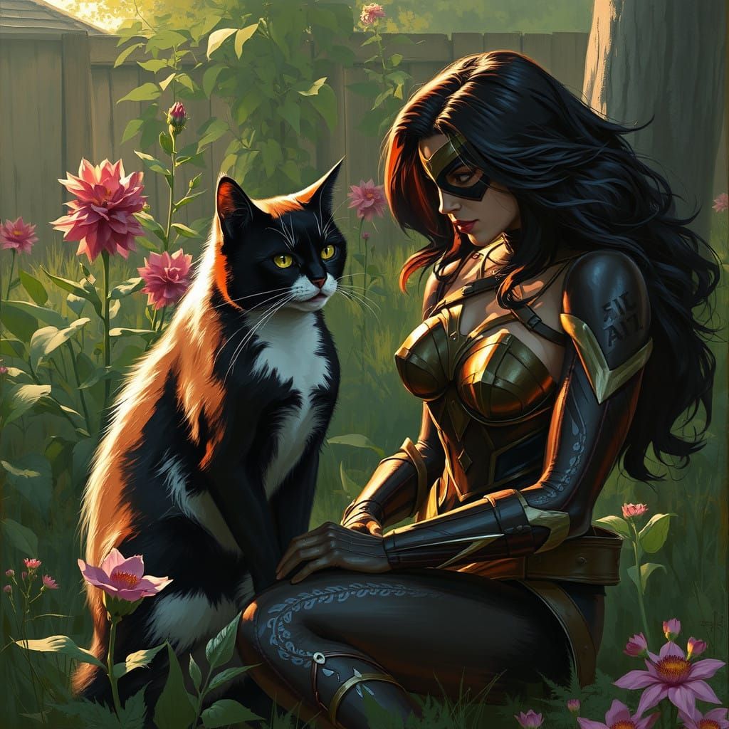 Wonder Woman Battles a Sinister Feline in a Haunting Garden....