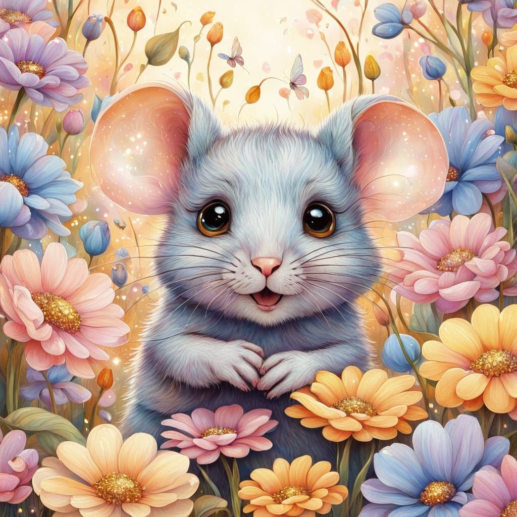 Mouse Peeking from Pastel Flowers, Fairytale Style
