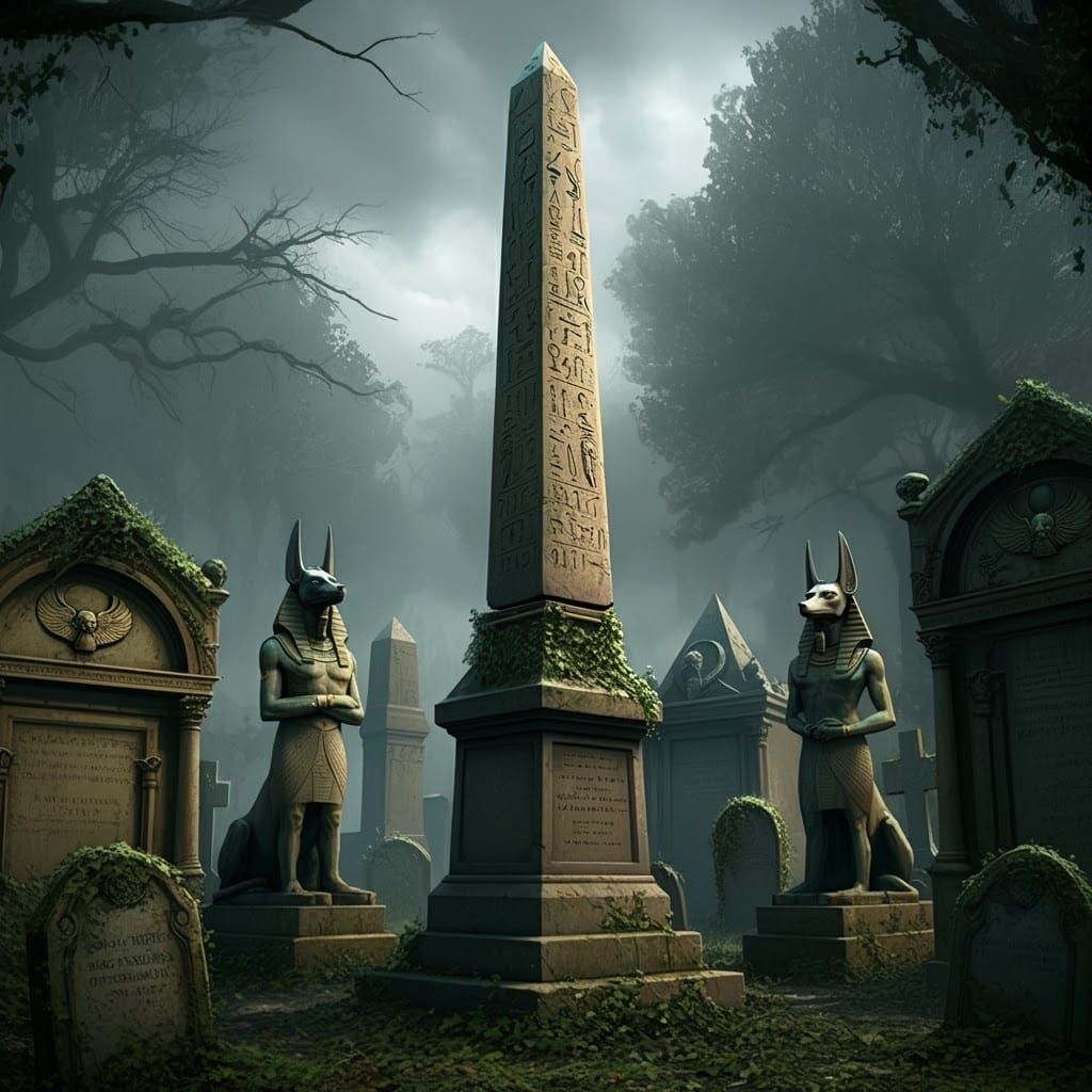 Victorian Cemetery with Egyptian Monuments in Hyperrealism