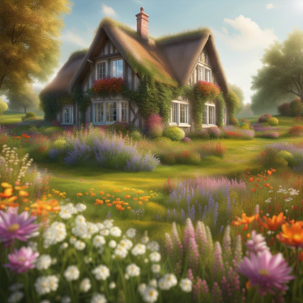 English Cottagecore Home with Flower Meadow in Digital Art