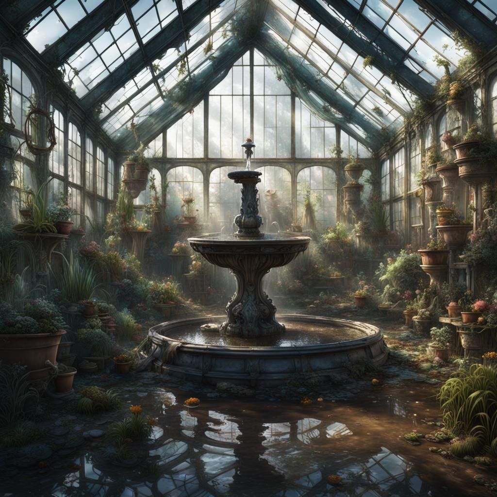 Overgrown Abandoned Greenhouse with Broken Fountain