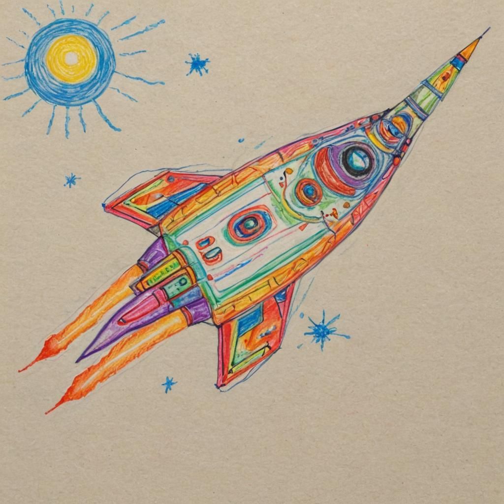 Childlike Crayon Drawing of a Spaceship