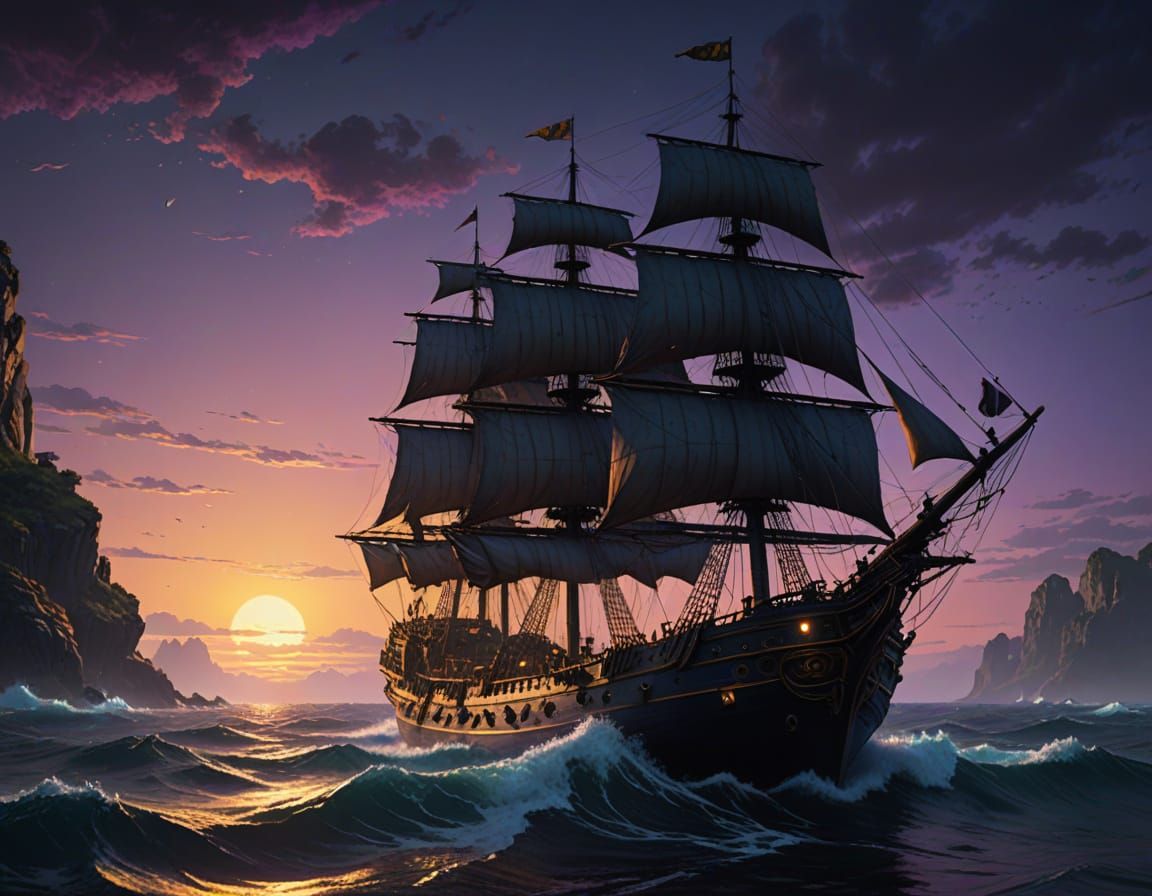 Ghost Ship Sails on Dark Ocean: Dark Fantasy Art