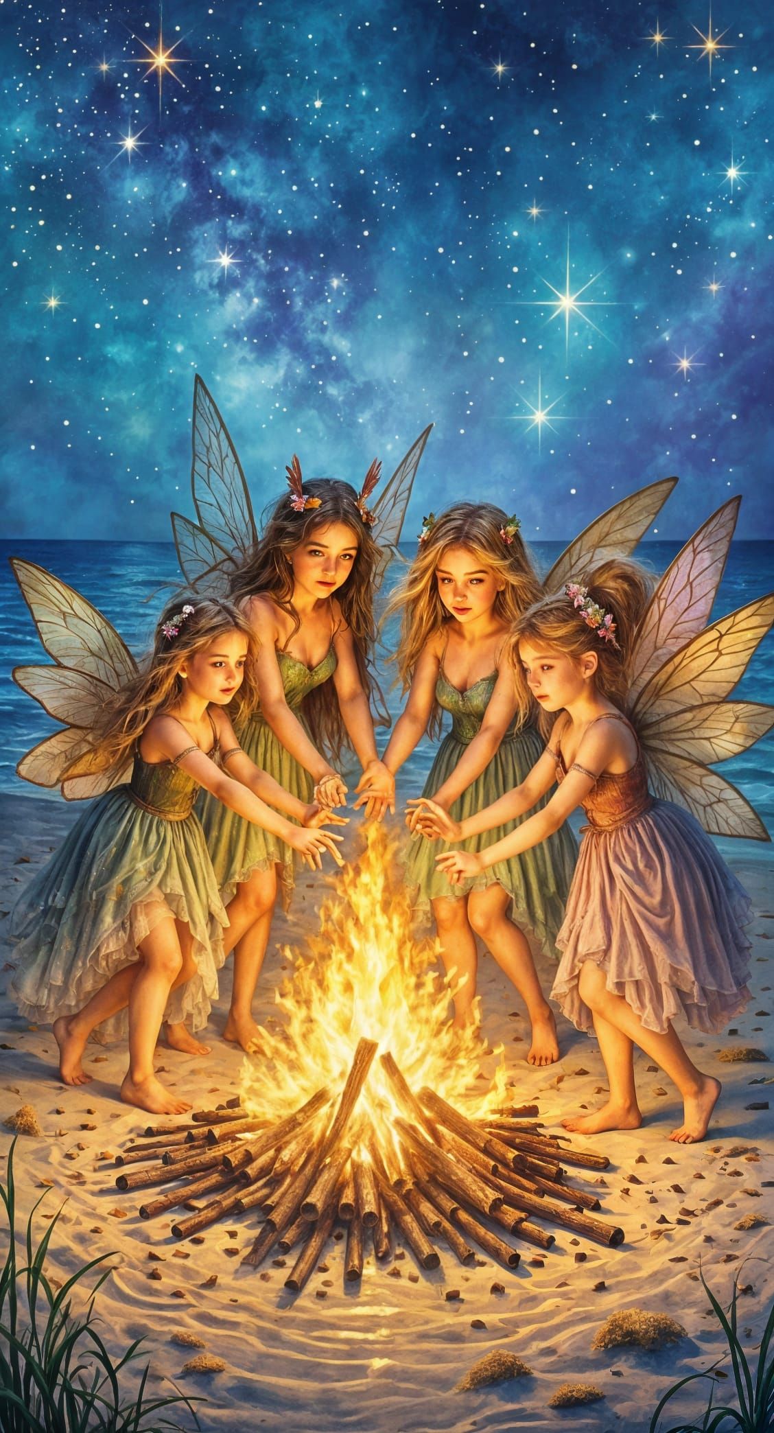 Fairies Dancing Around Bonfire in Watercolor Style