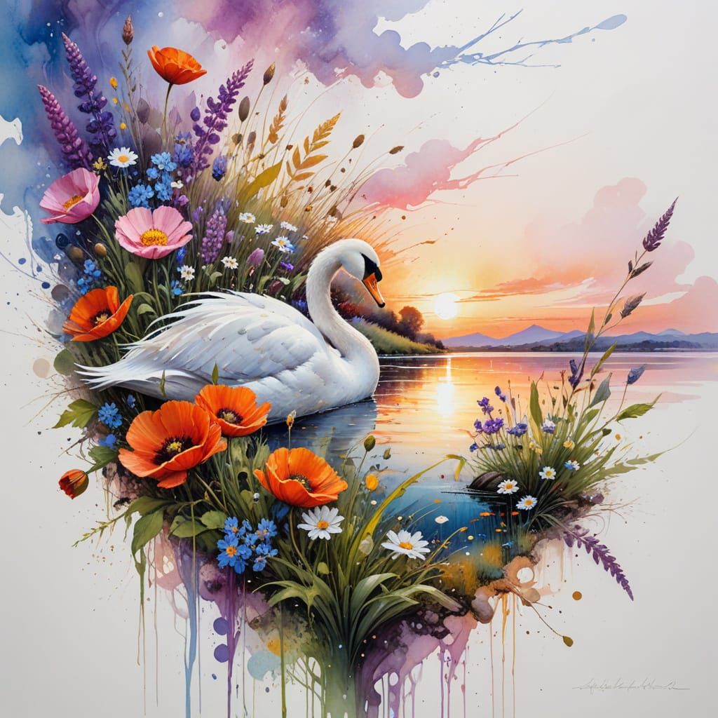 Sunset Swans Glide on Blooming Riverside