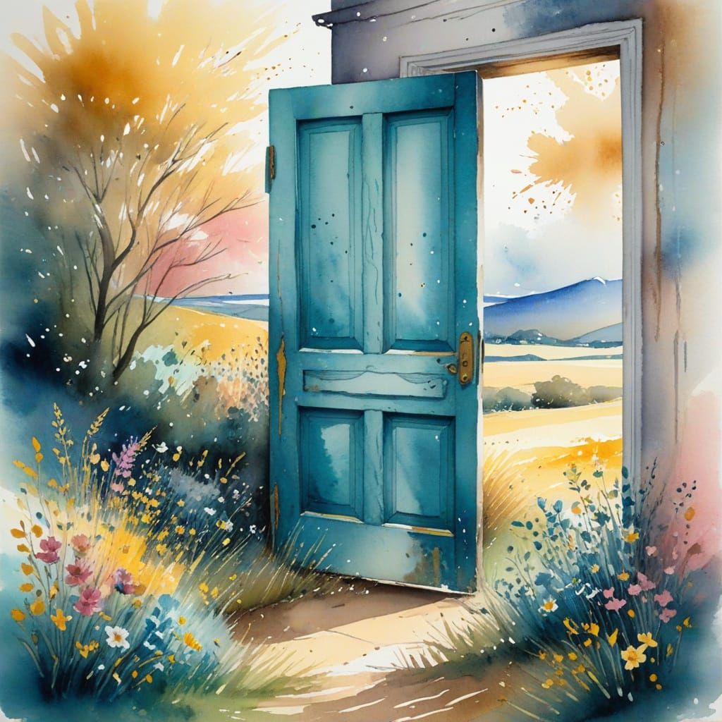 Open Door in Field: Watercolor Ink-Style Painting