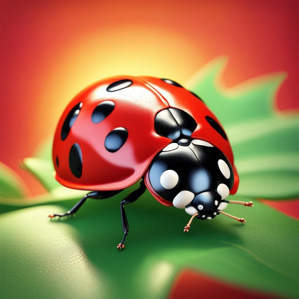 Hyperrealistic Ladybug on Leaf in 3D Digital Art