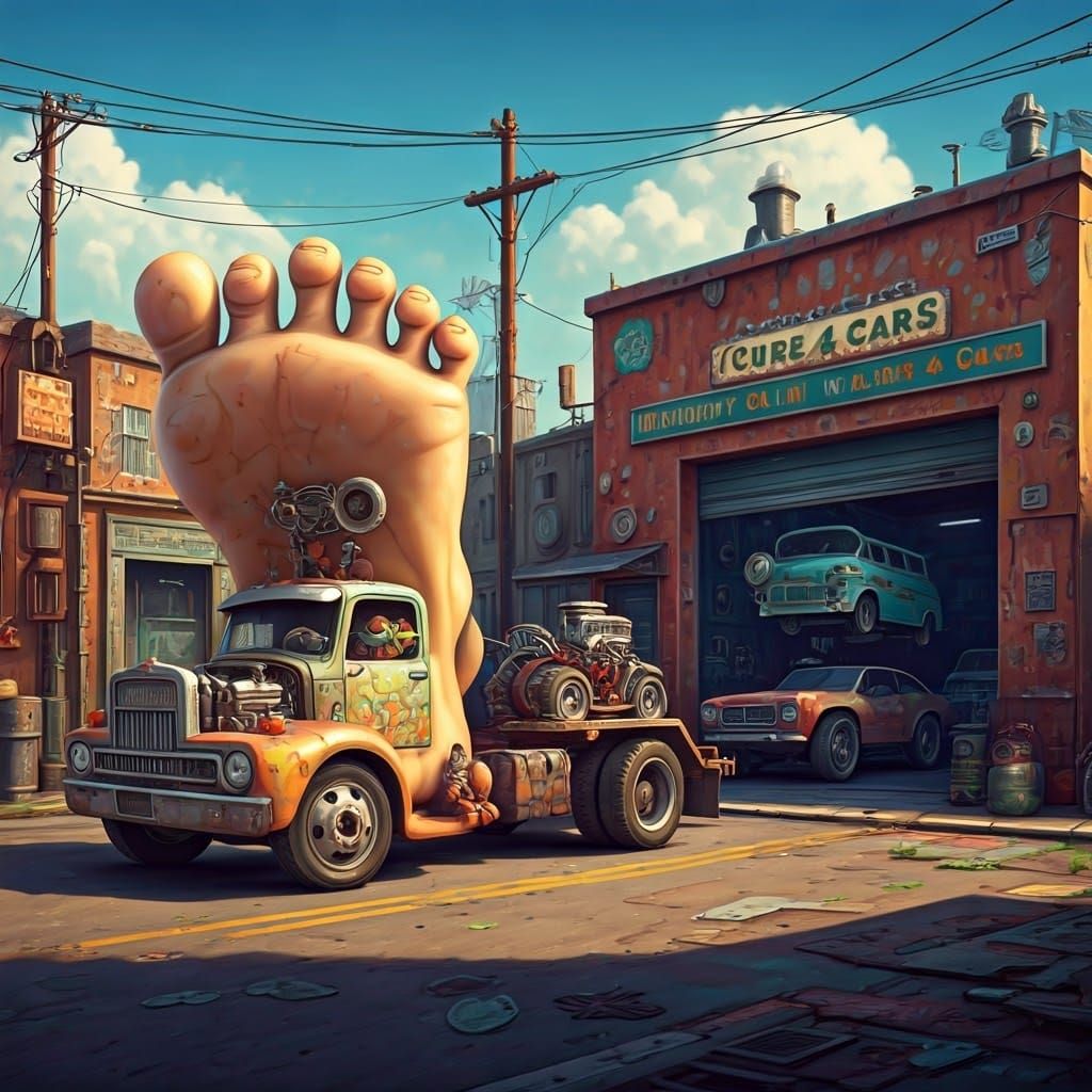 Barefoot Tow Truck in Sci-Fi Cityscape
