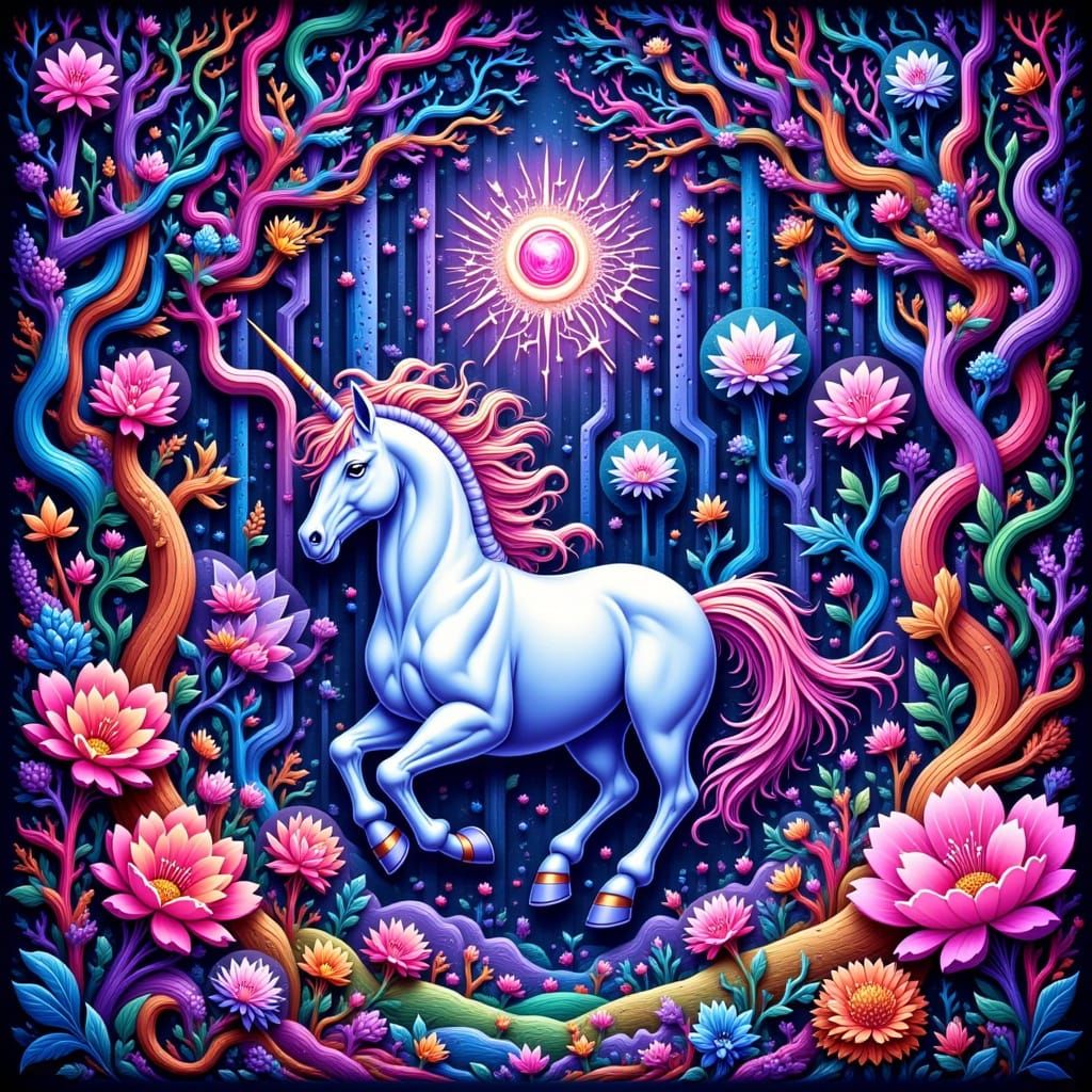 Whimsical Unicorn in Surreal Escher Landscape