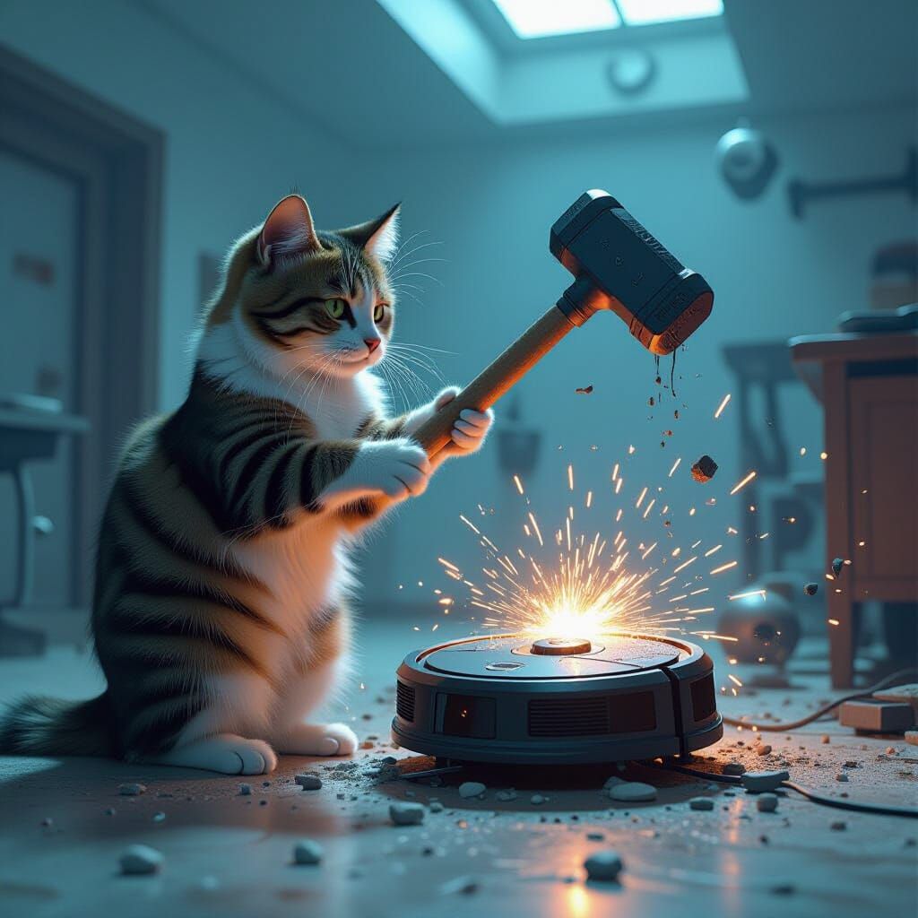 Feral Cat Smashing Robot Vacuum in Futuristic Home