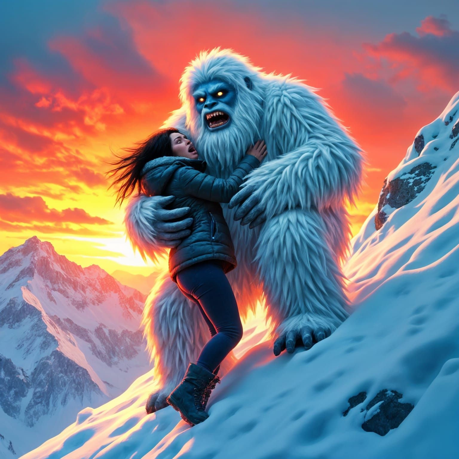 Hyperrealistic Abominable Snowman Climbs Snowy Peak