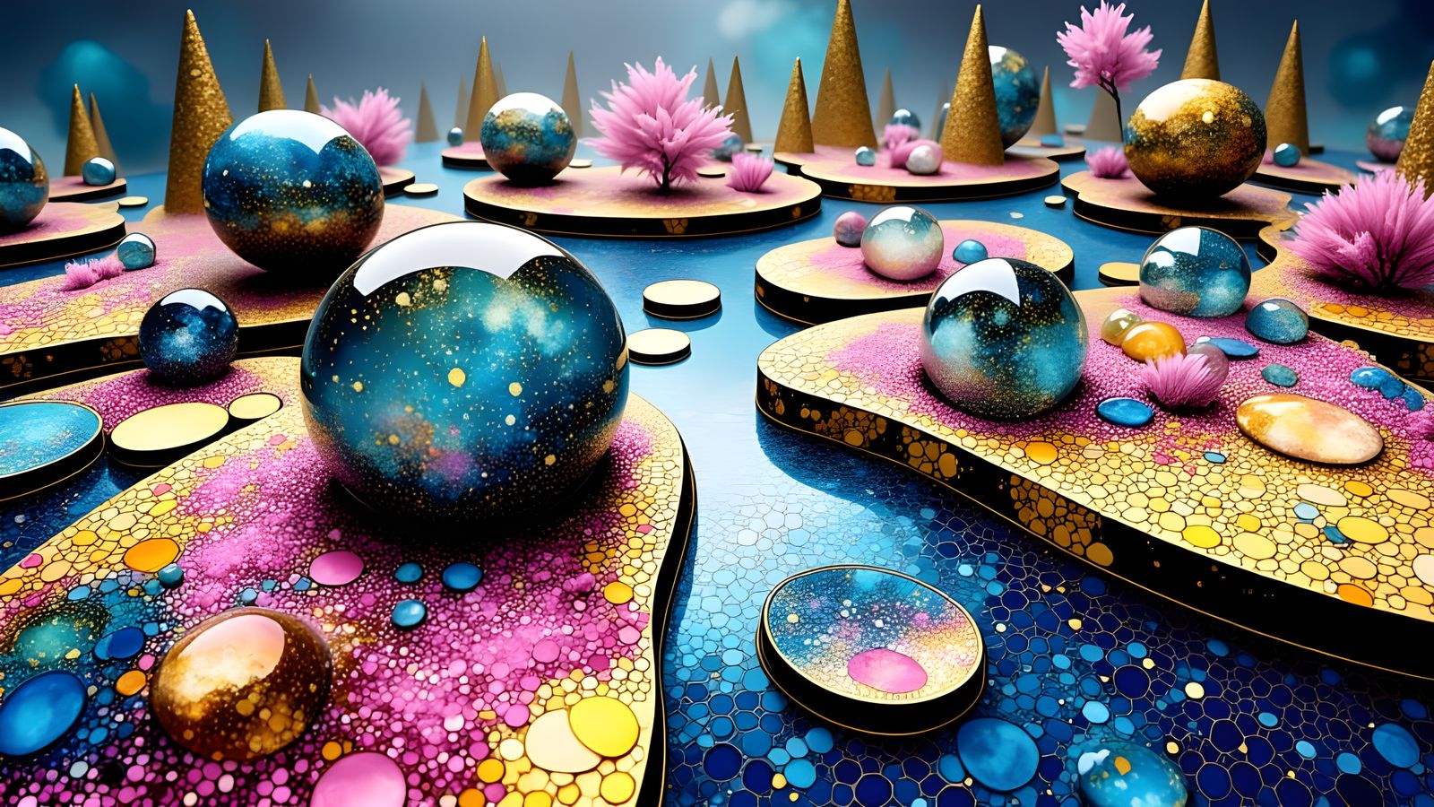 Kinetic Kintsugi Sculpture Garden with Cherry Blossoms