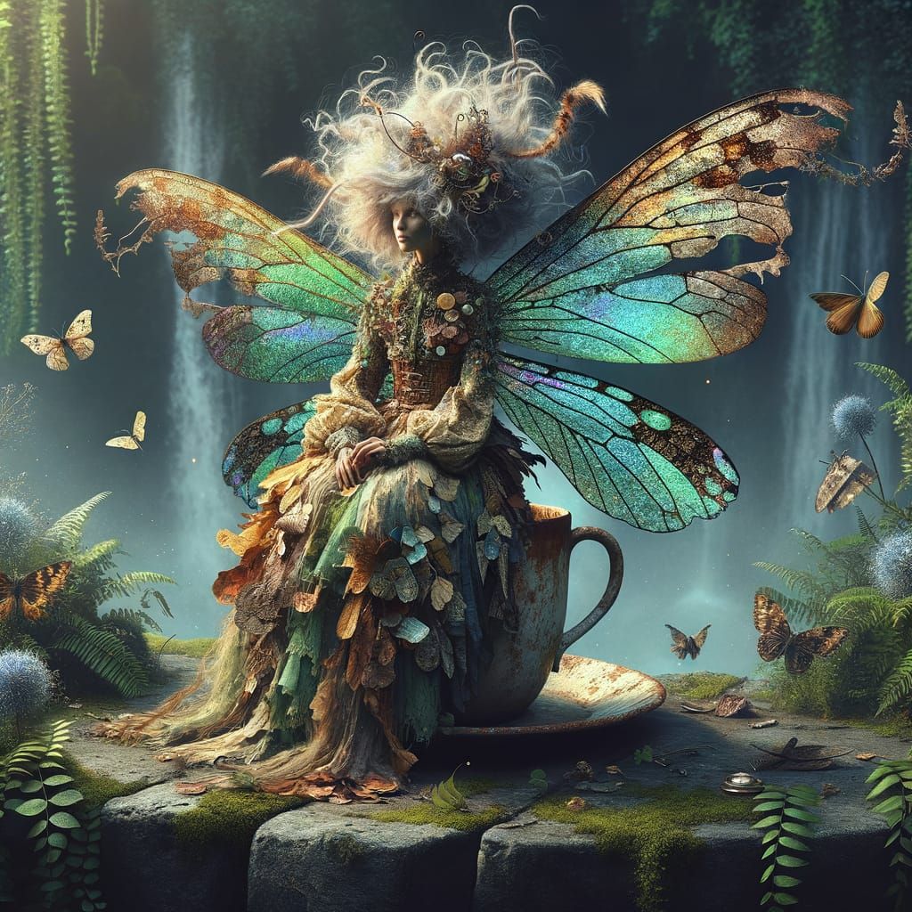 Whimsical Fairy with Mismatched Wings in Overgrown Garden