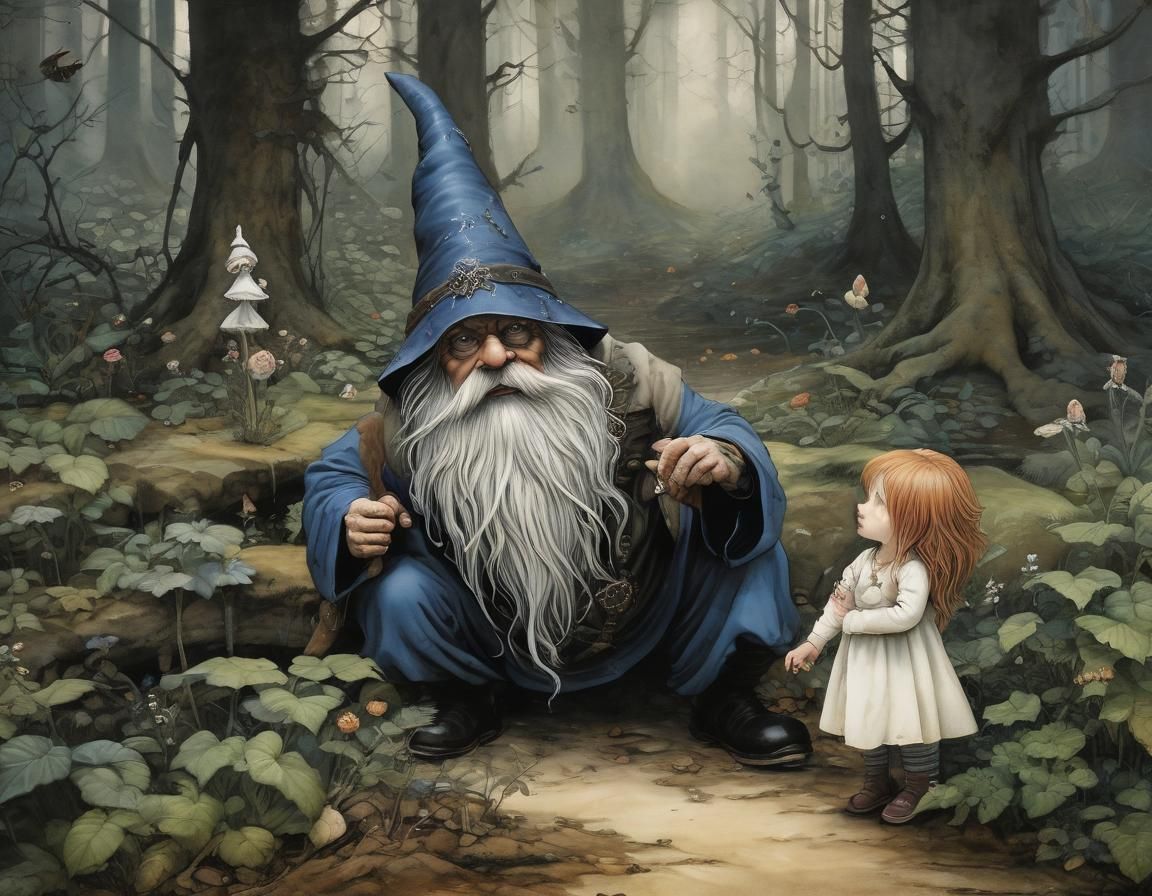 Gnome Attacks Girl: Dark Fairy Tale Illustration