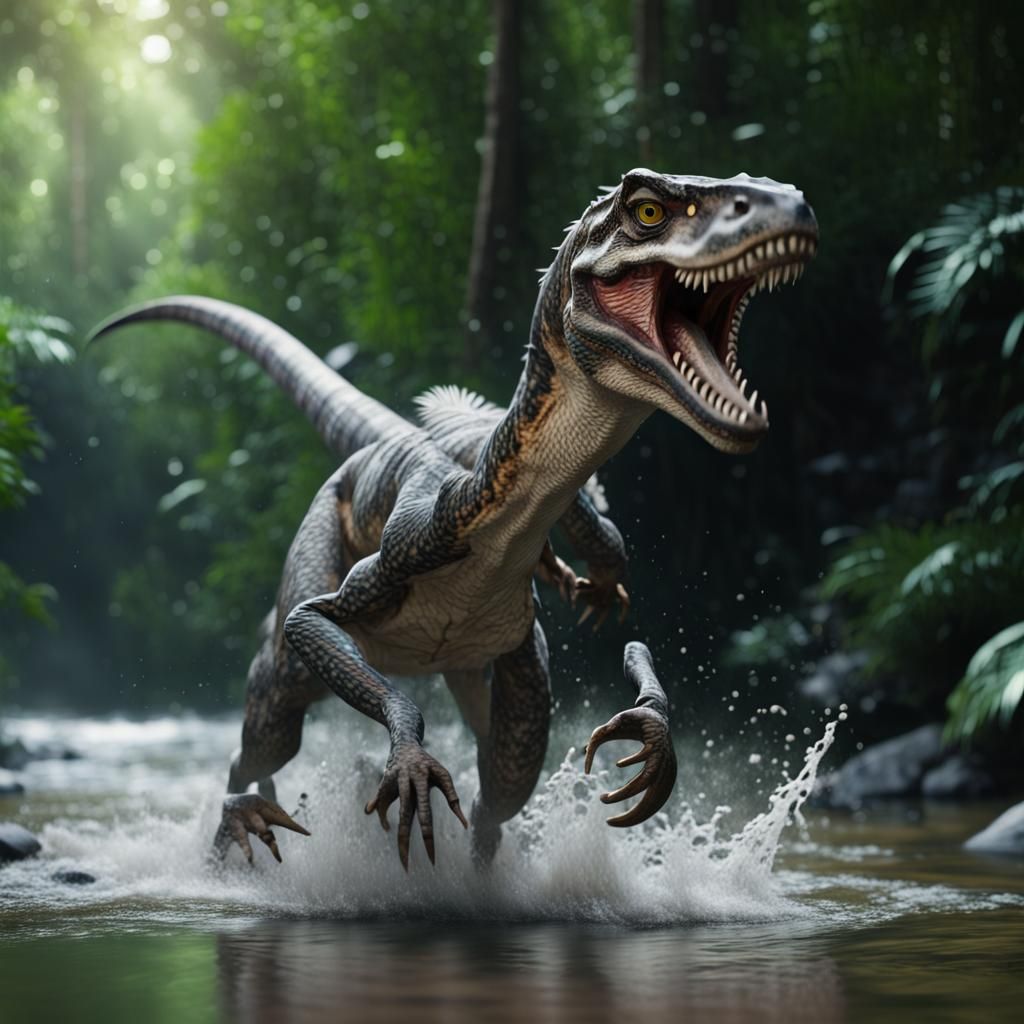Velociraptor Runs Through Tropical River in 4K
