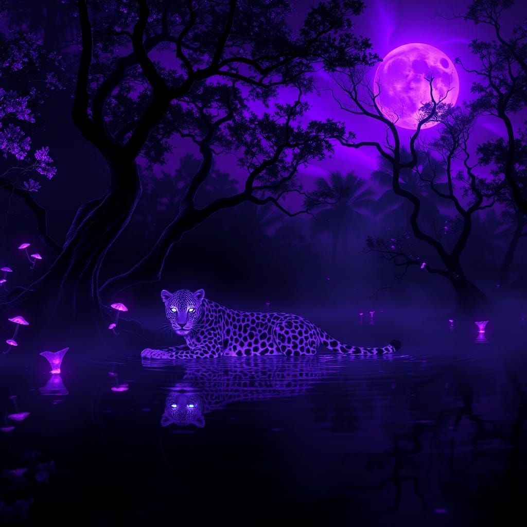 Ethereal Leopard in Cyberpunk Mangrove Swamp