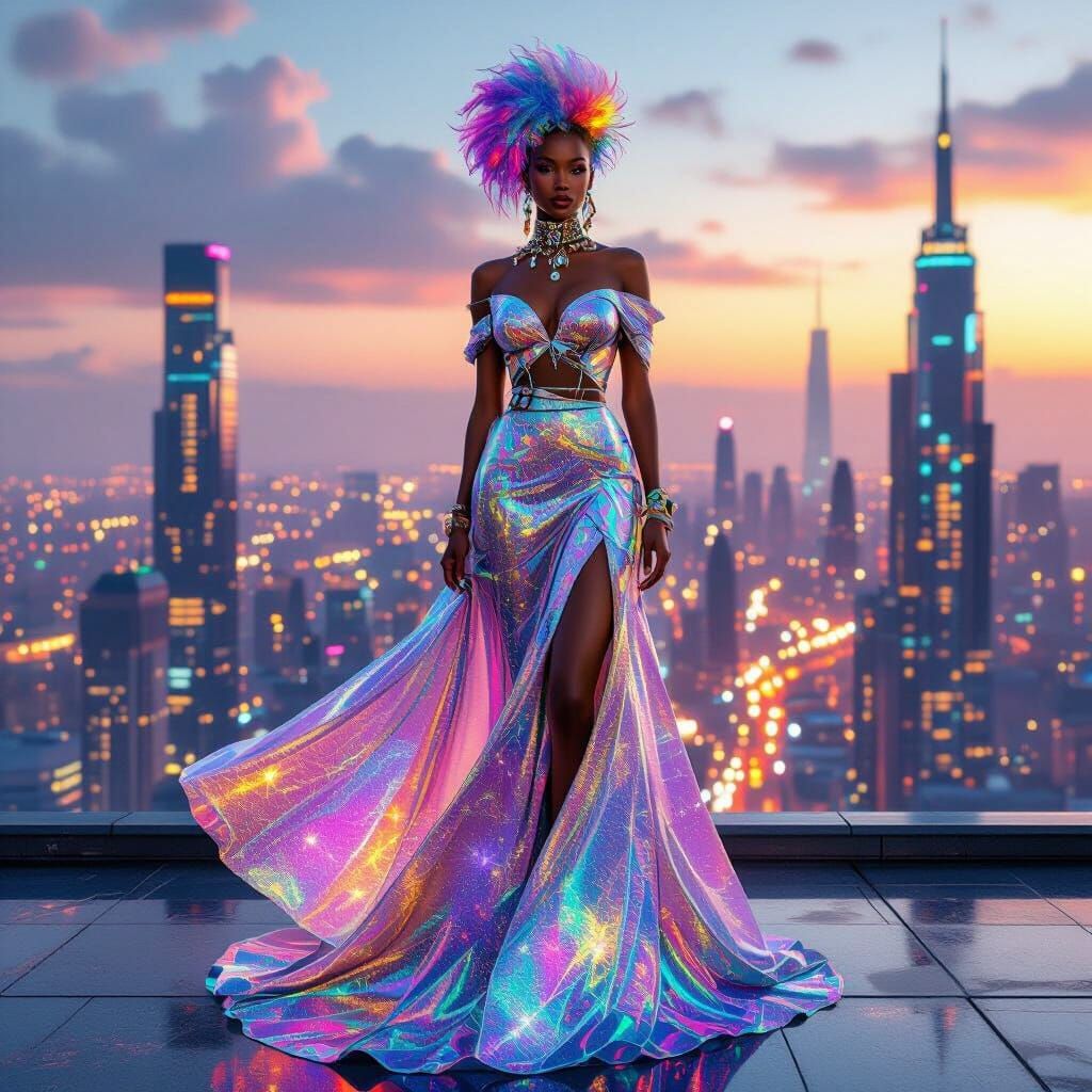 Afrofuturist Fashionista Overlooking Neon Cityscape