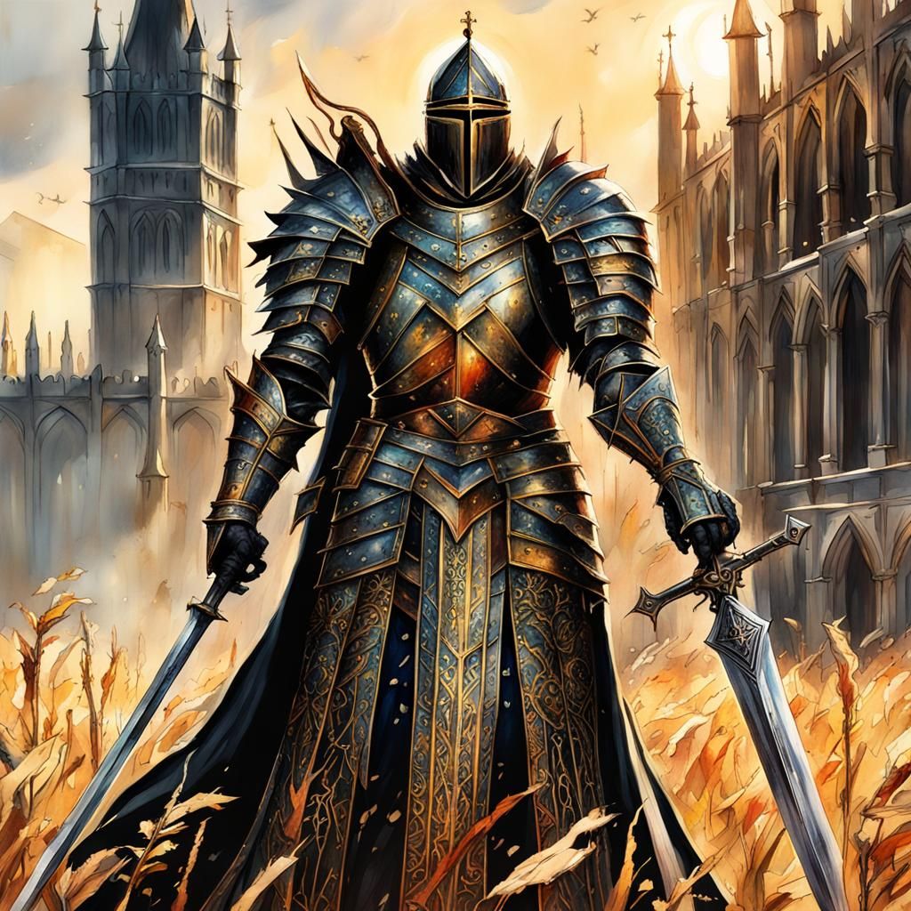 Gothic Knight Monarch in Sunlight, Watercolor Style