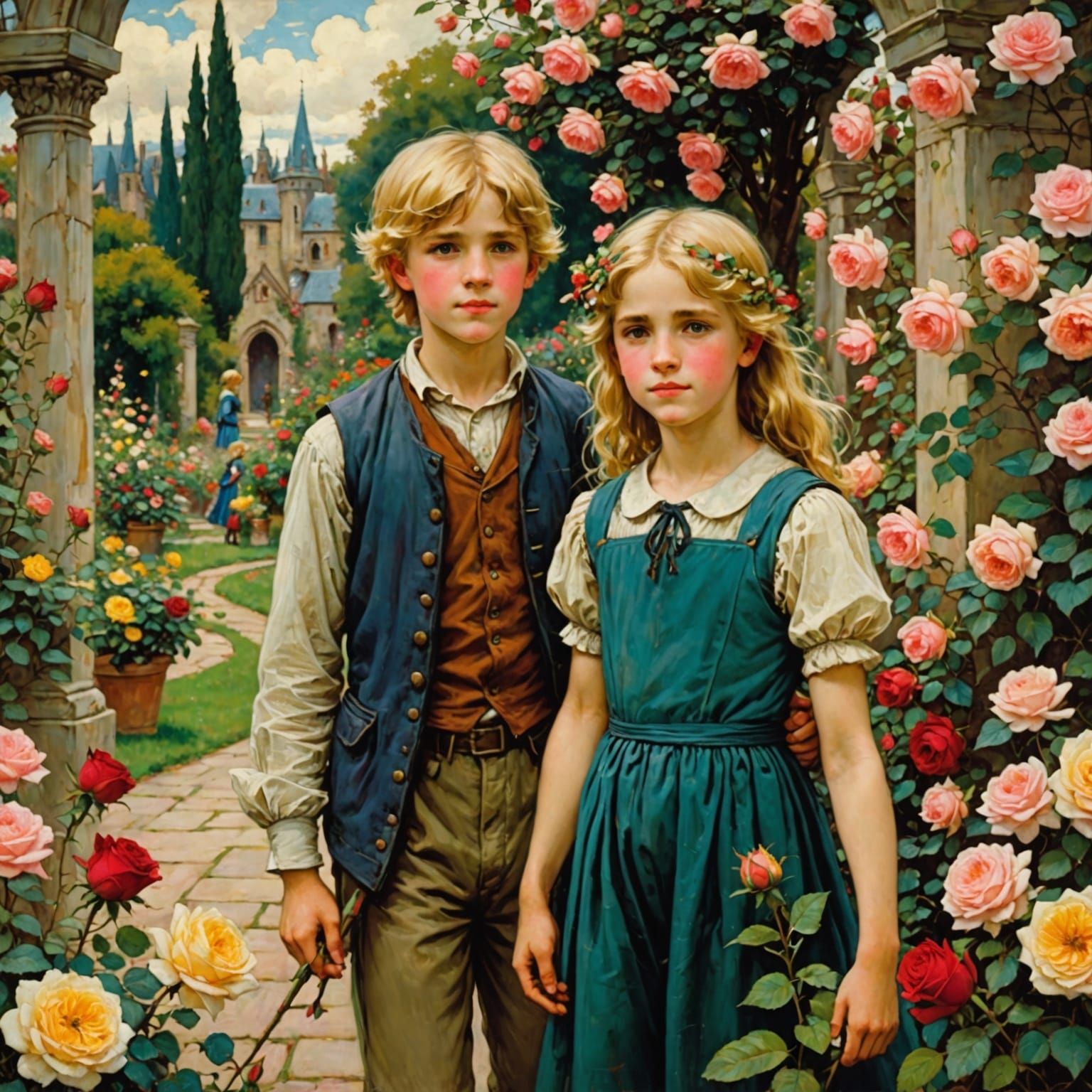 Children in Rose Garden Inspired by Waterhouse