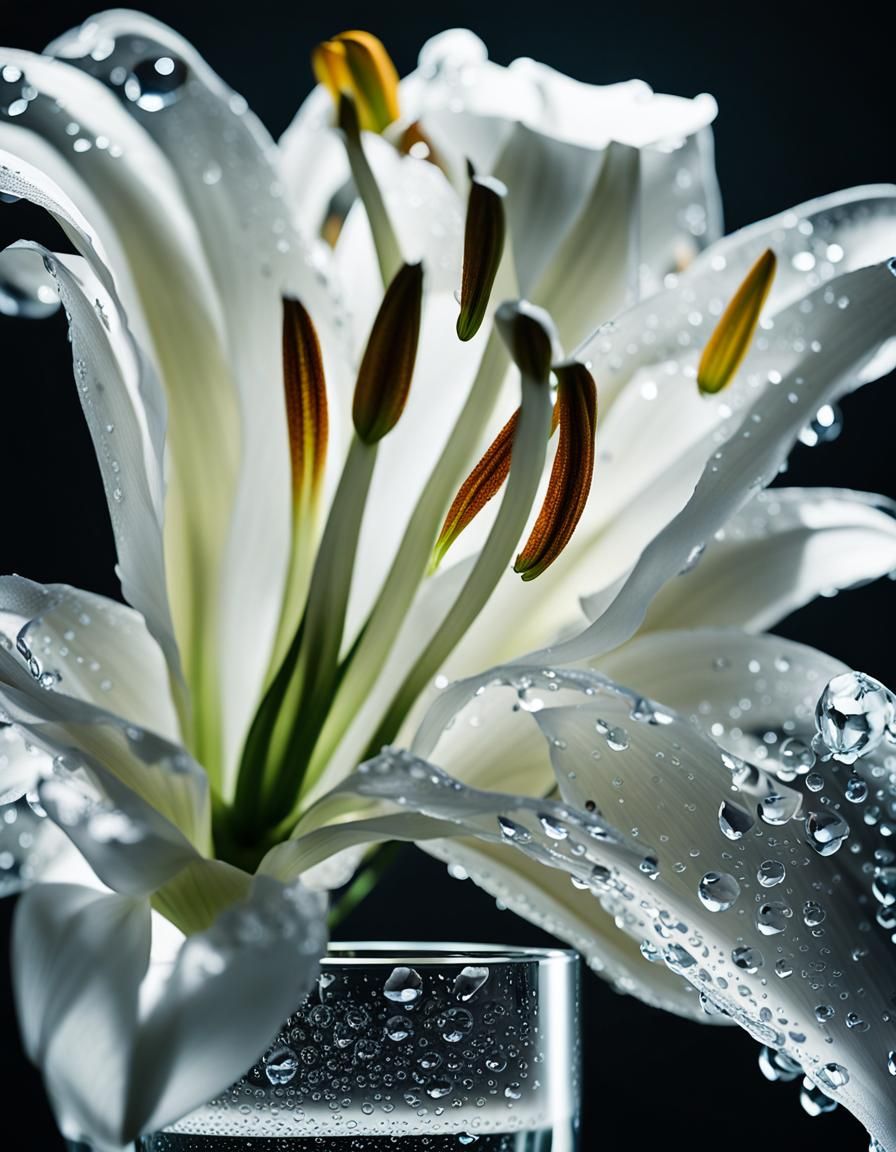 Macro Photograph of a White Lily in Crystal Vase
