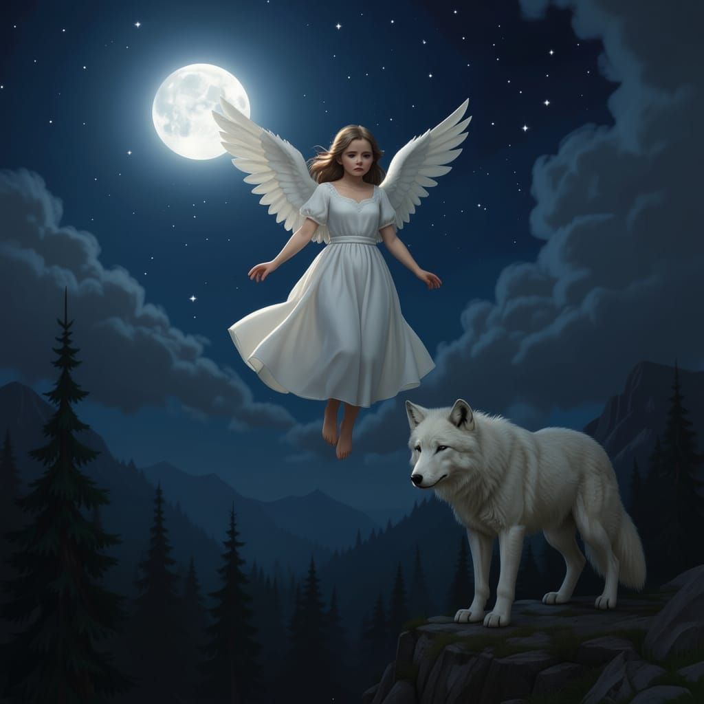 Angel Girl Ascends to Sky, Wolf Watches Under Moonlight