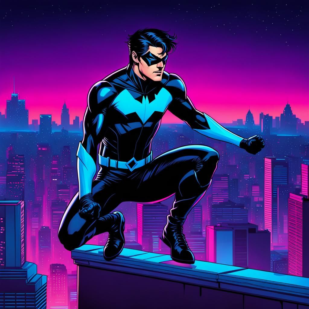 Nightwing Jumps Across Neon Cityscape in Synthwave Style