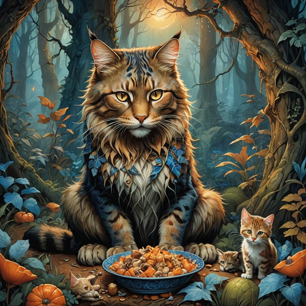 Fantasy Cat Eating with Kitten and Cub, Matte Painting