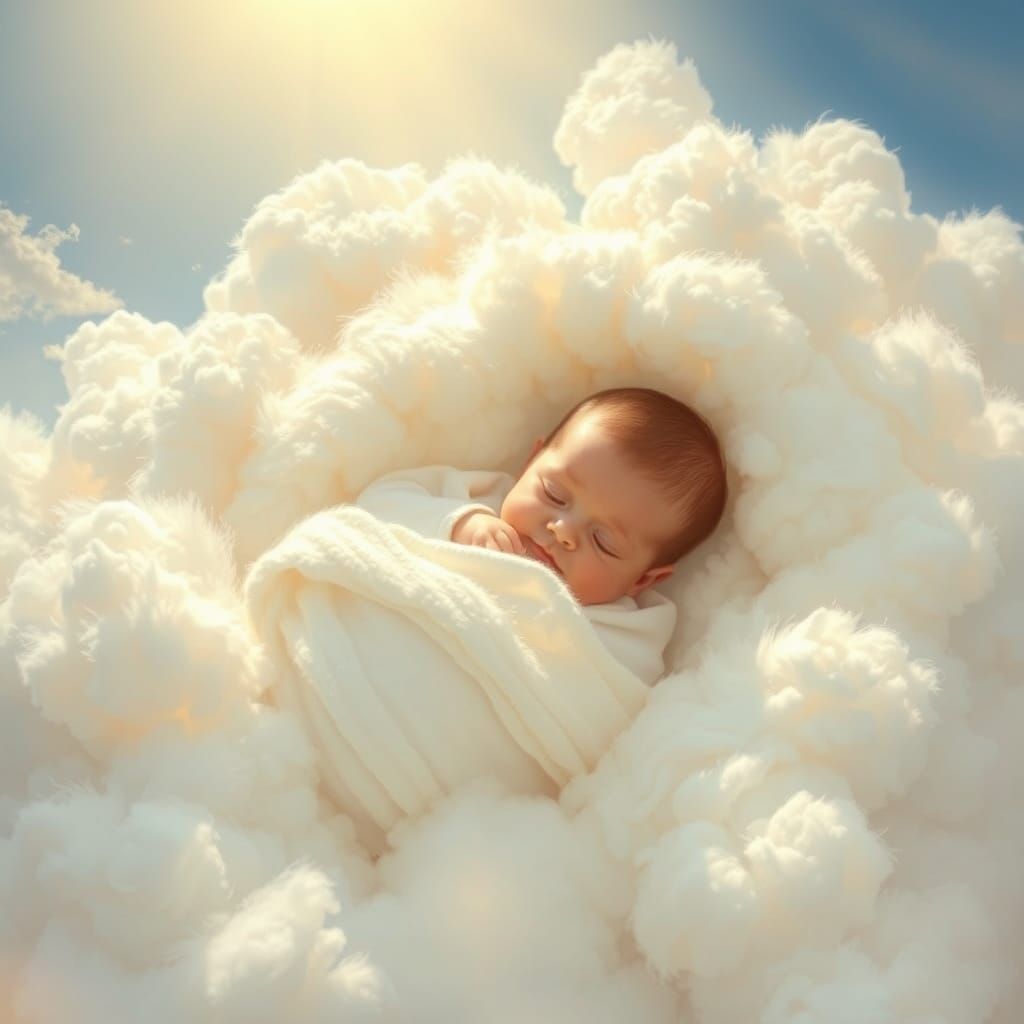 Dreamy Clouds Enfold a Serene Baby in Soft, Divine Light