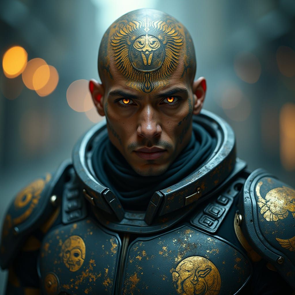 Futuristic Warrior with Golden Angel Tattoos and Pacific Isl...