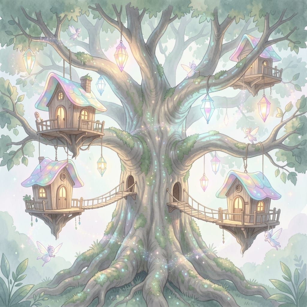 Enchanted Willow Treehouse Village with Iridescent Lights